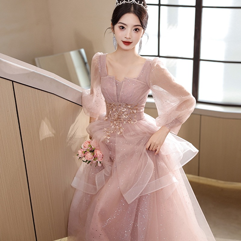 パーティードレス Aラインドレス 結婚式 ウェディングドレス ピンク パープル グリーン ロングドレス カラードレス オフショルダー 高級感 演奏会 姫系風 前撮り ウェディング撮影 きれ花嫁ドレス