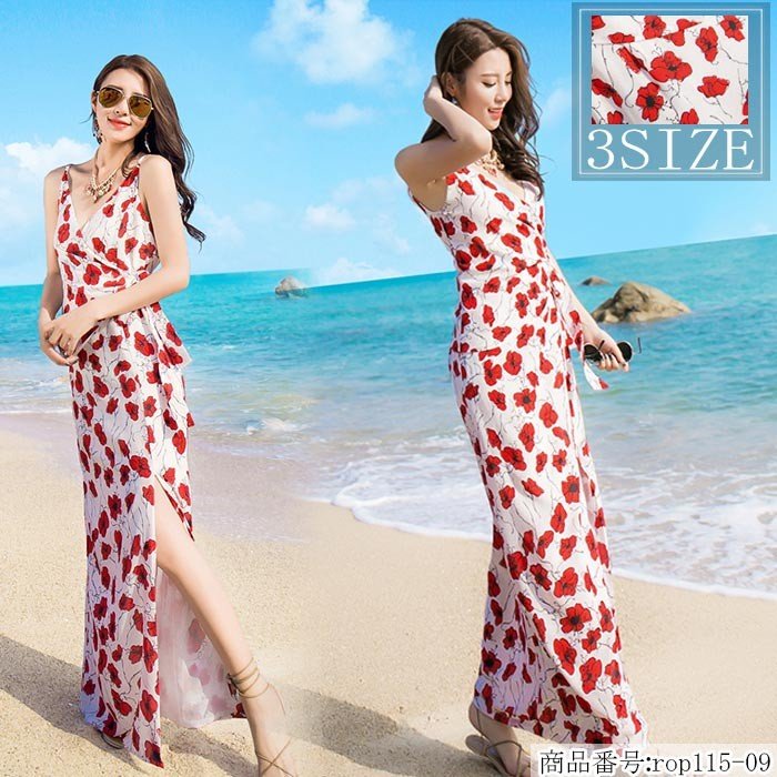 リゾートワンピース 花柄 レディース ハワイ ワンピース ロング シフォン ワンピ フレア ノースリー ビーチ ワンピ ふんわり 肩出し 吊りワンピ 海 旅行