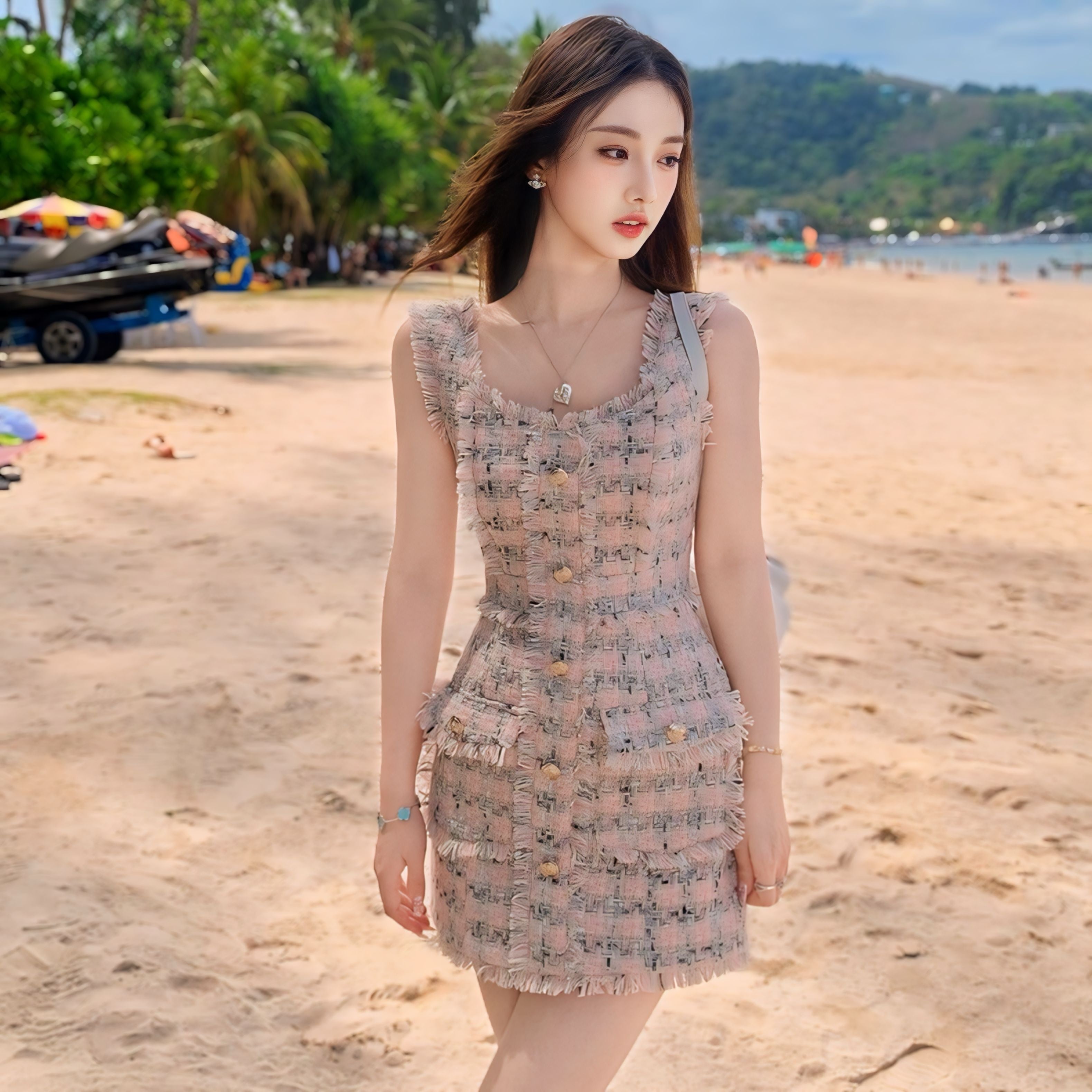 【3日で出荷】ツイード 角首 ワンピース セクシー ホルタードレス かわいい ウエストを細くする スリミング 春 夏 新しいスタイル ヒップスカート