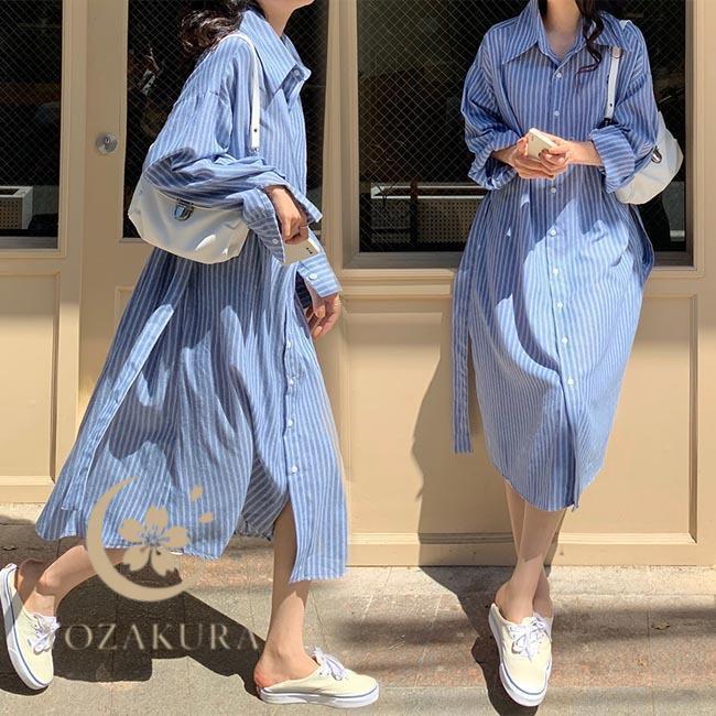 秋冬の新商品 早買い早割 春 夏 シャツワンピ 長袖 レディース ロングシャツ オーバーサイズ ストライプ柄 ワンピース オフィス 長袖ワンピース 春 ゆったり ロングワンピ 秋春 夏 シャツワンピ