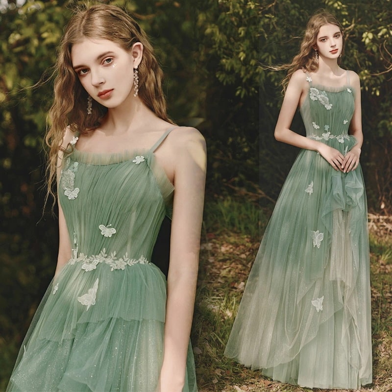 イブニングドレス グリーン ロングドレス 花柄 蝶柄 可愛い オシャレ キャミドレス 発表会ドレス 演奏会ドレス コンサート コンクール パーティードレス 結婚式ドレス 二次会ドレス チュール ドレス