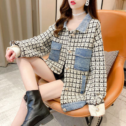 チェックコート レディース 送料無料 2色 チェック柄ジャケットコート 切り替え デニム バイカラー 異素材 チェック シングルボタン ミディアム丈 ピーコート シングルブレストコート ミディアムコー