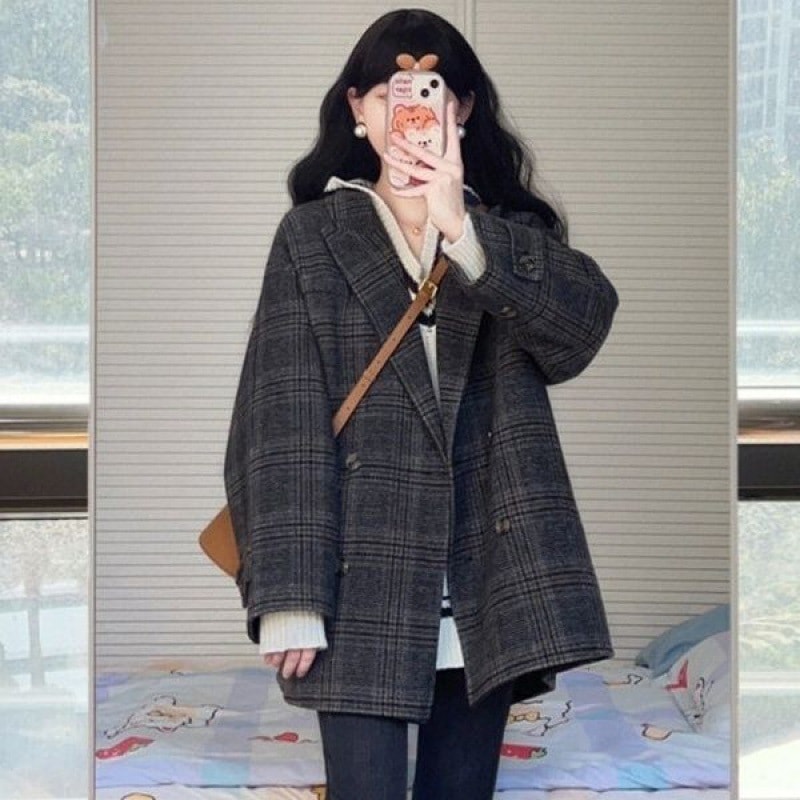 短い学院風格子縞スーツ2023年秋冬の新型ラシャコート女性毛コートは韓国系を厚くした