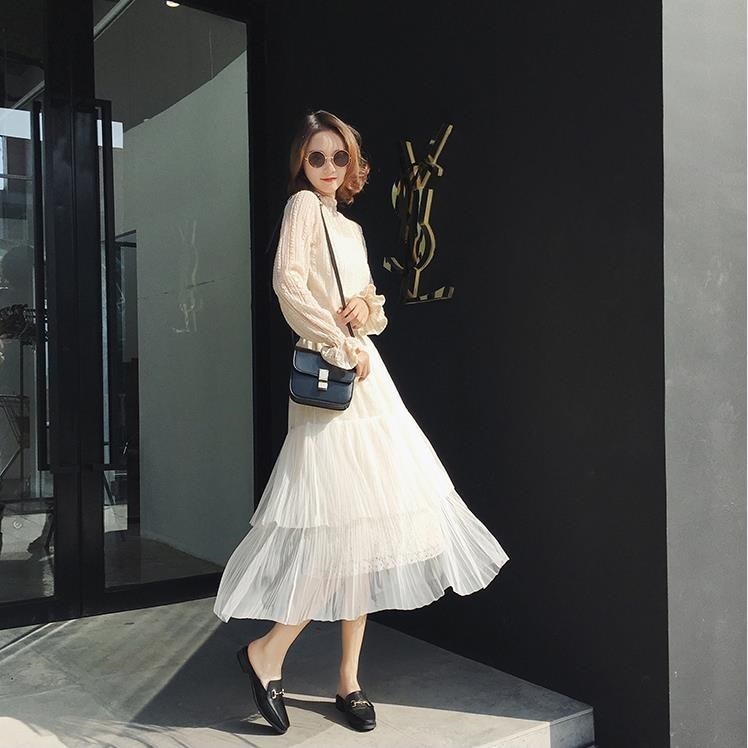 3098.シックなチュールプリーツロングスカート（アプリコット）