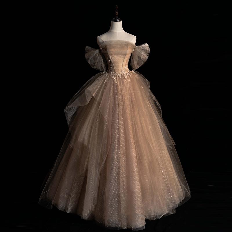 カラードレス ファスナー ブラウン チュール ロングドレス 結婚式 二次会 発表会 演奏会 ウェディングドレス ウエディングドレス 花嫁 前撮り プリンセスドレス イブニングドレス コンサート パーテ