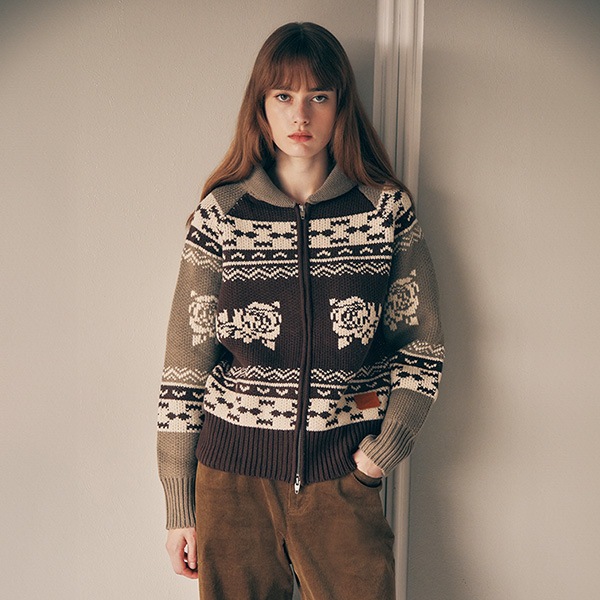 VINTAGE FLOWER KNIT ZIP UP BROWN