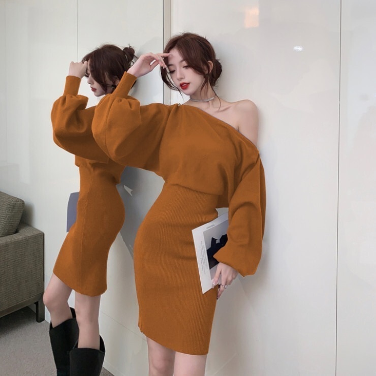 ドレス レディース ワンピース プルオーバー スカート タイトスカート ワンピドレス 膝上 ショート丈 長袖 襟なし オフショル オフショルダー スリム タイト 細身 ハイウエスト 薄手 かわいい