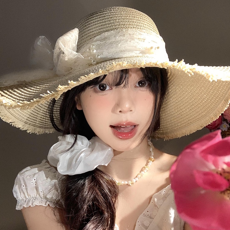 自転車 アウトドア 日除け帽子 首までカバー レースリボン付き麦わら帽子 ギフト 女性用 通勤 夏用 母の日 つば広日よけ帽子 海辺ビーチリゾート用サンハット