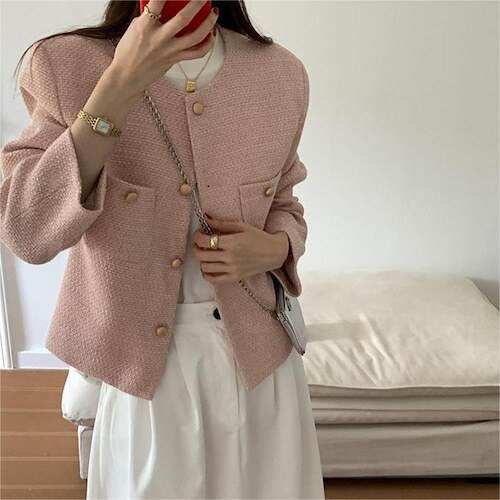 アウター レディース ノーカラージャケット ツイードジャケット ショートジャケット 羽織り 襟なし メタルボタン 金ボタン ポケット 大人可愛い きれいめ シンプル シック クラシック 大人 上品 お 5,695円