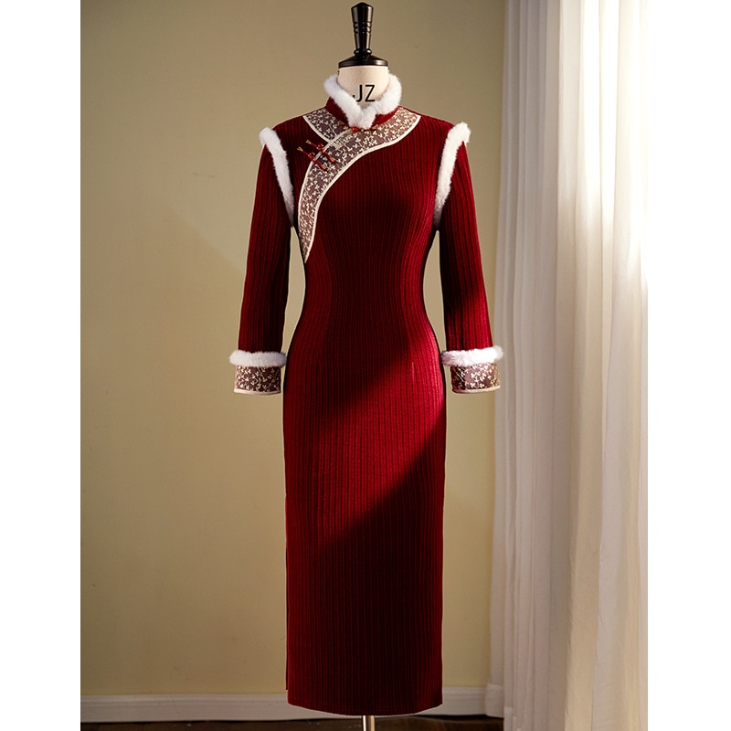 ワンピースドレスドレスレッドチョンサム2025改善された若い服の花嫁の冬とフリース冬の肥厚ドレス女性