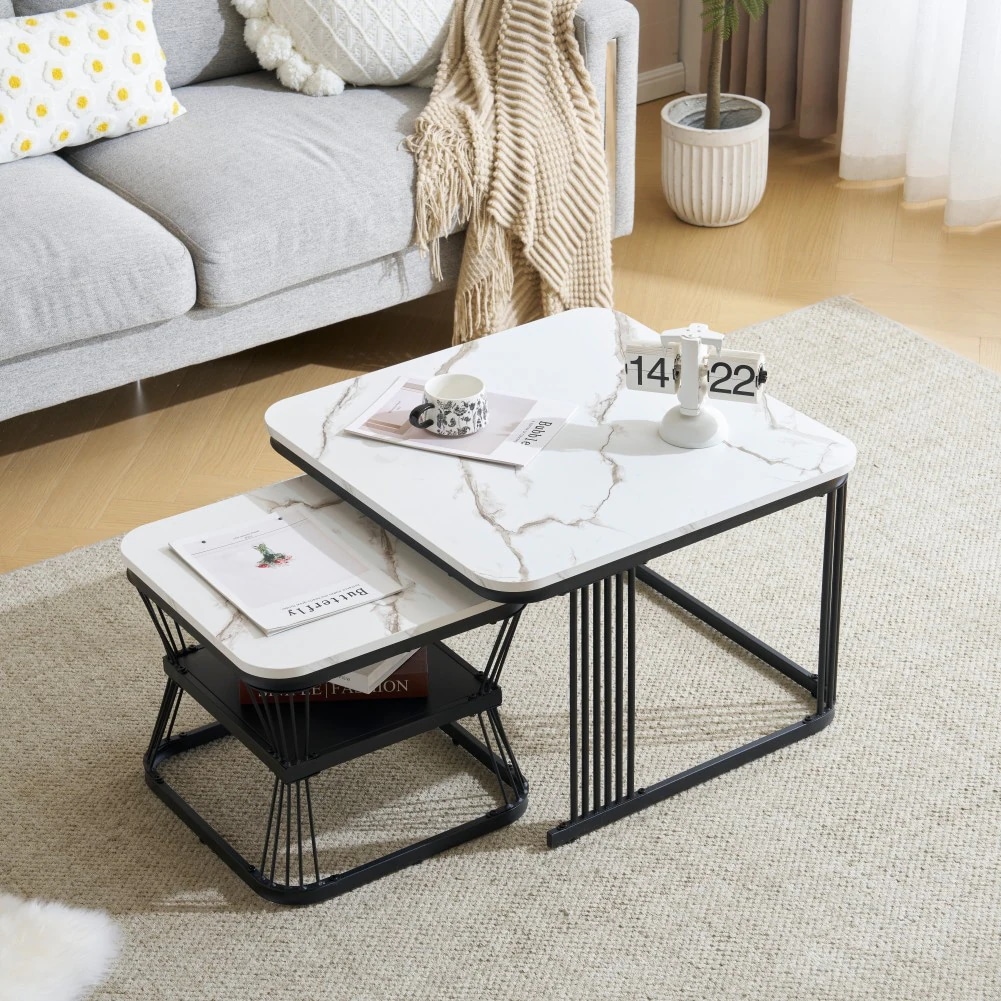 【新作登場】センターテーブル テーブル ローテーブル 大理石調 波紋 収納付き おしゃれ 入れ子式 正方形 2個セット 光沢感 組み合わせ自由【ホワイト（ブラック）】