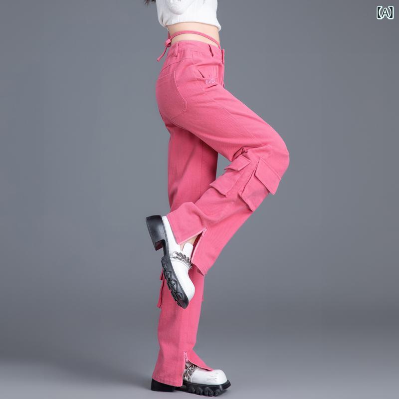 カーゴパンツ レディース デニム カジュアル ハイウエスト ジーンズ 秋冬 マルチポケット ワイドパンツ ストレート 韓国 ピンク