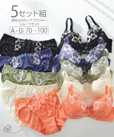 ブラ＆ショーツ上下セット 安定感のある深め３/４カップ編レースブラジャーショーツ5セット組