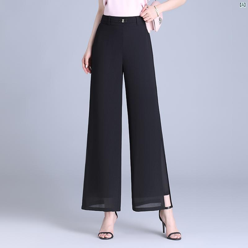 レディース スリット 二重 シフォン ワイド パンツ 夏用 薄手 着痩せ 九分丈 ハイウエスト たり ドレープ ストレート