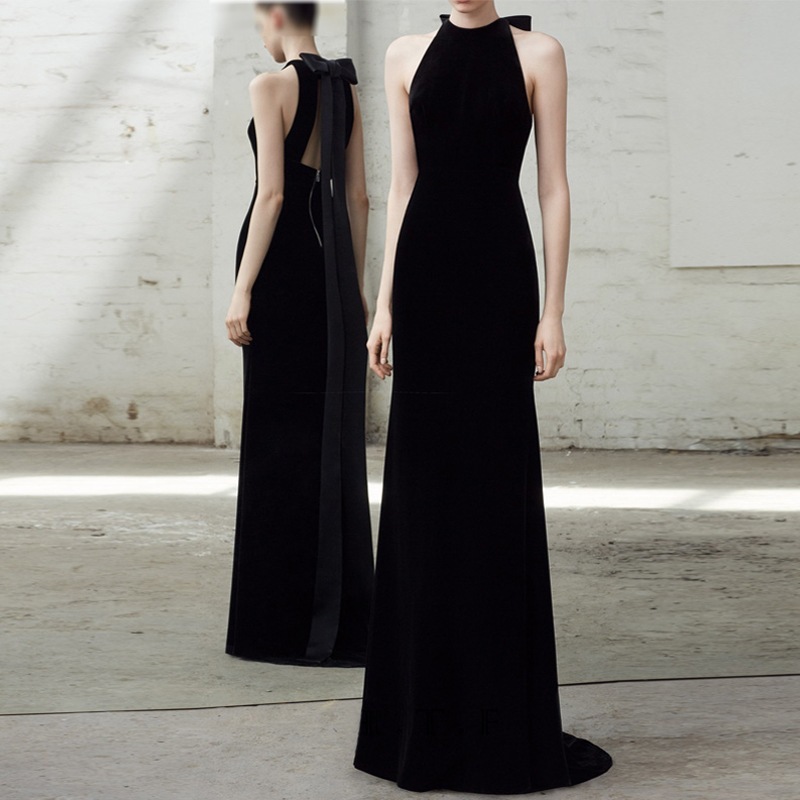 宴会イブニングドレス女性ホスト成人式気質スタイルホルターネックフィッシュテールベルベットブライダルトースト服