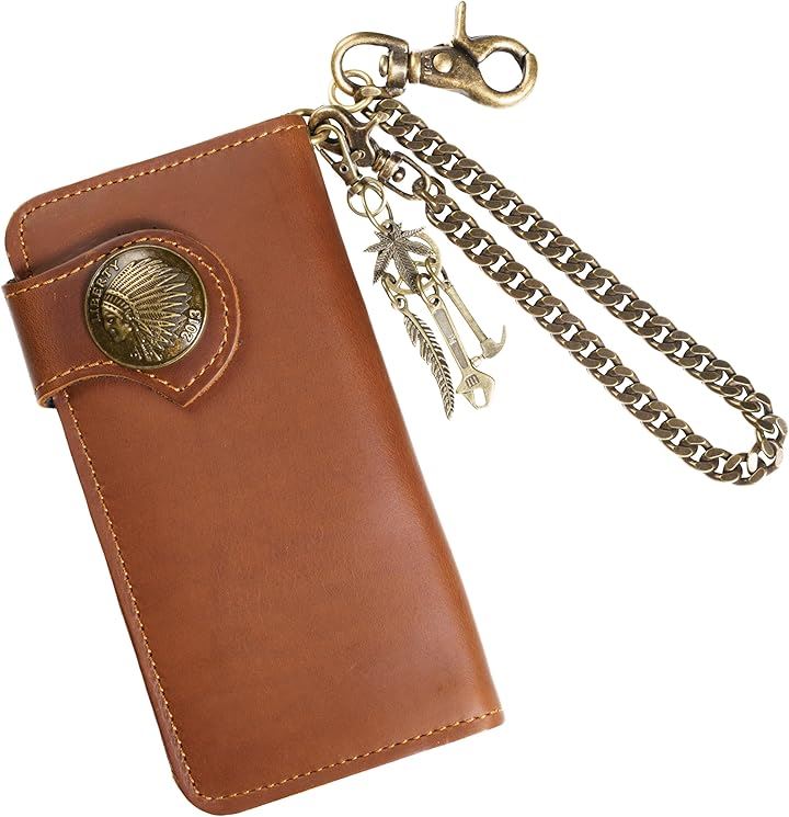 バイカーズウォレット 長財布 ウォレットチェーン セット ライダースウォレット レザーウォレット 二つ折り メンズ 本革 ヴィンテージ 革財布 牛革 メンズ長財布 長サイフ 男性(タン)