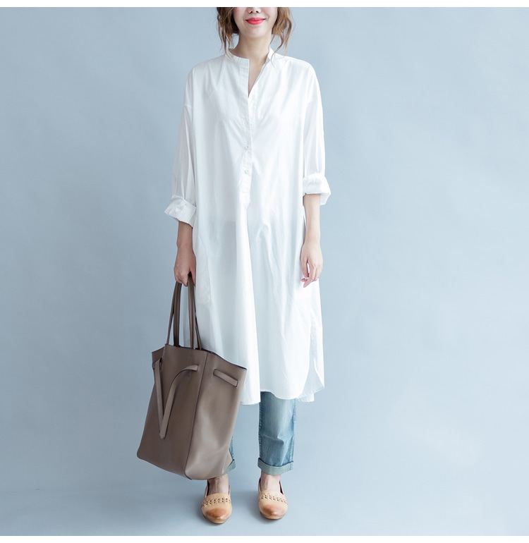 ワンピース シャツ プルオーバー 白シャツ シャツワンピース ミモレ丈 ロング丈 長袖 ドロップショルダー 萌袖 襟なし スタンドカラー ワイド サイドスリット ポケット 綿 ポリエステル 大人可愛い