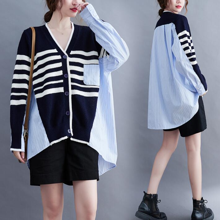 シャツ　ブラウス　ニット　セーター　カーディガン　レディース　長袖　切替　前後差　ボーダー　ストライプ　ロングシャツ　チュニック　トップス　ロング　ゆる ビッグサイズ 　大きめ　シンプル　春　秋