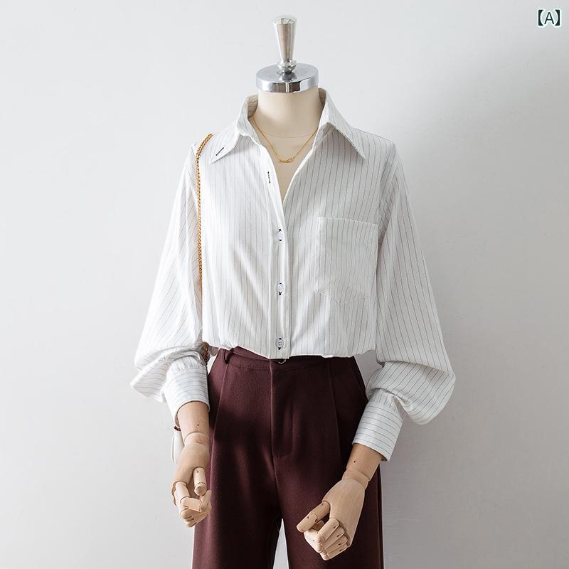 レディース シャツ ブラウス 長袖 春秋 白 黒ストライプ 縦縞 シャツ襟 ランタンスリーブ スタイリッシュ プロフェッショナル クール エレガント モード シック シンプル 清楚 多用途