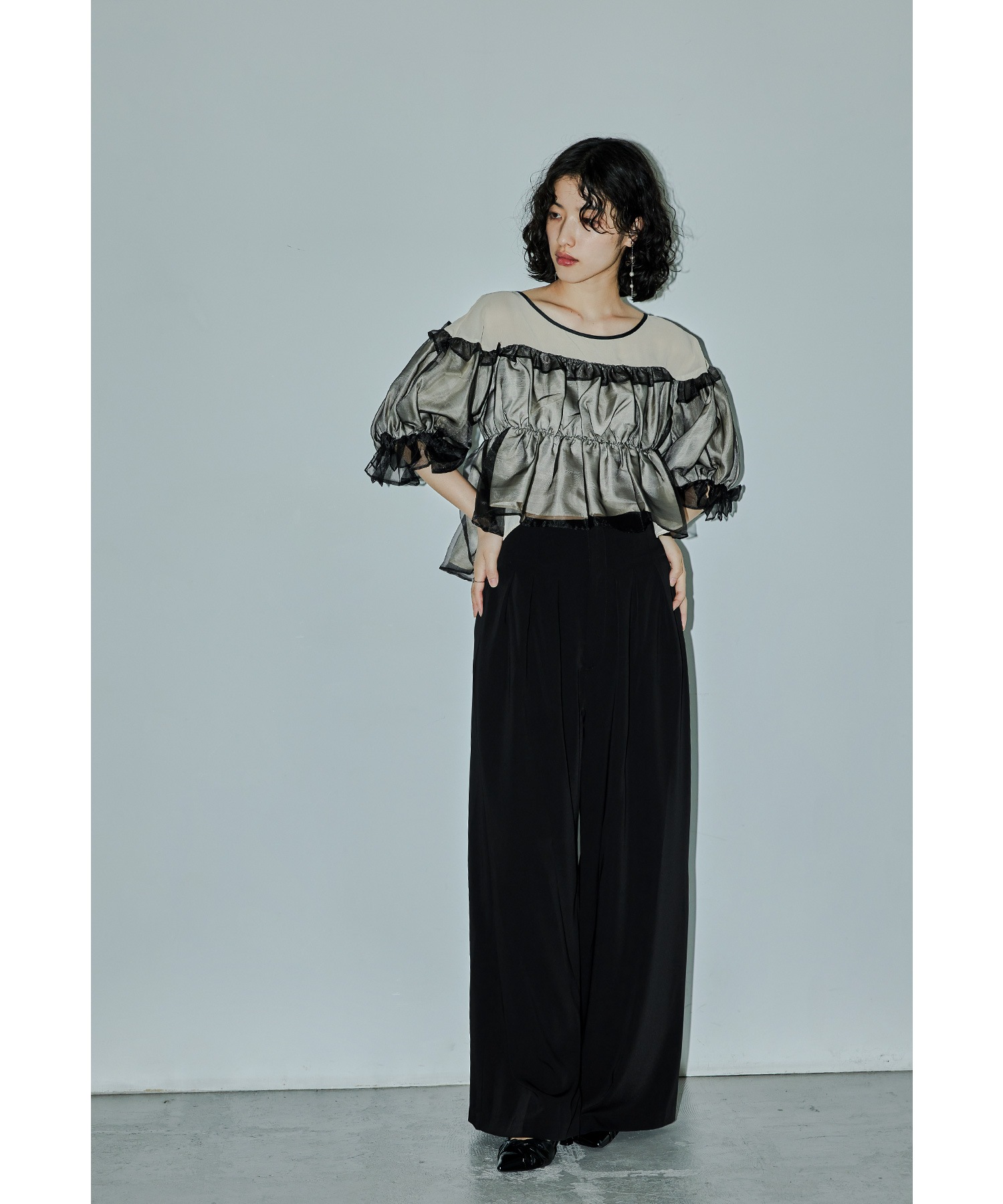 ギャザートップスワイドパンツセットアップ パーティードレス 結婚式 フリル ブラウス オールインワン パンツドレス セパレート 2点セット お呼ばれ パーティー 二次会 披露宴 謝恩会 成人式