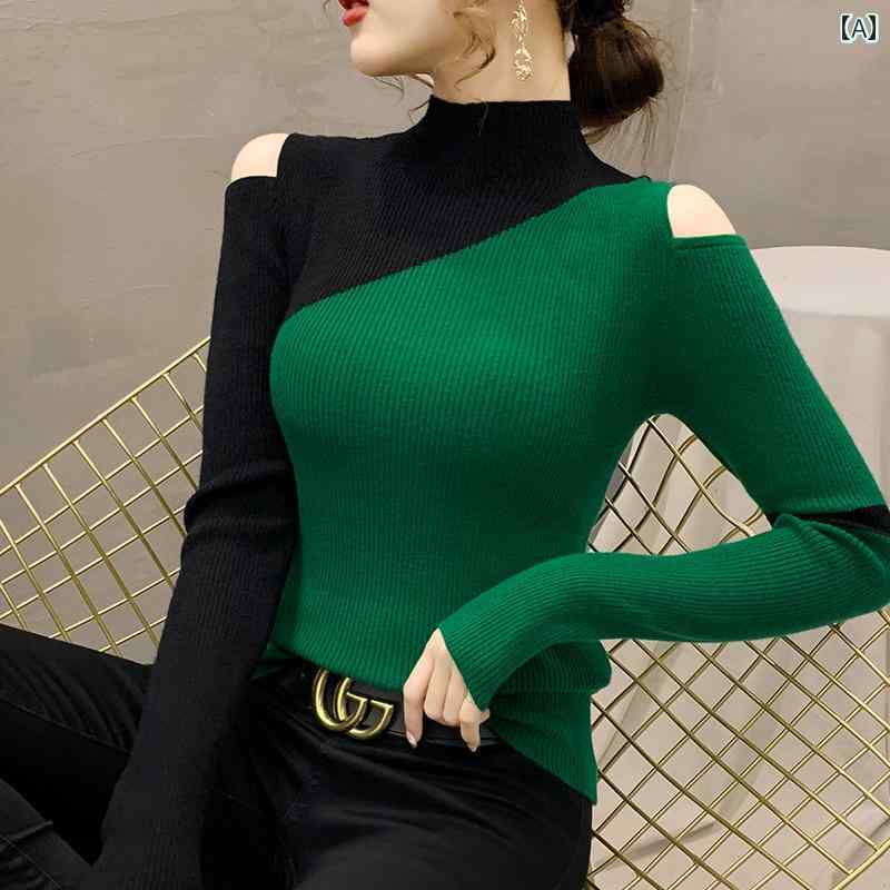 ハイネック 長袖 レディース 秋冬 バイカラー リブ 普段使い 旅行 セーター セクシー ニット 肩 カットアウト トップス 緑 おしゃれ 柔らかい 伸縮性 暖かい ぴったり