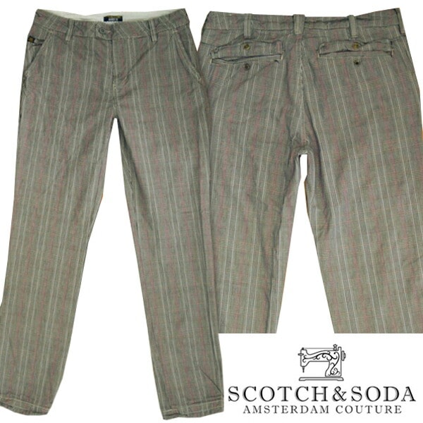 スコッチ&ソーダ スコッチアンドソーダ scotch&soda メンズ スリムストレート コットンパンツ チェック グレー ピンク ズボン ボトムス カジュアル サーフ セレブ ストリート ヨーロピア