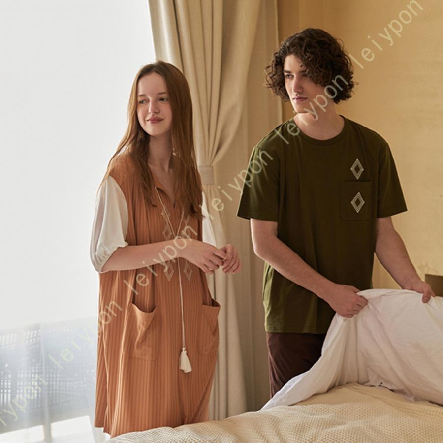 カップル ルームウェアセット 春夏秋 パジャマ メンズ レディース ネグリジェ ワンピース 綿 通気性 柔らかい 男性 半袖 Tシャツ ショートパンツ 寝巻き 家着