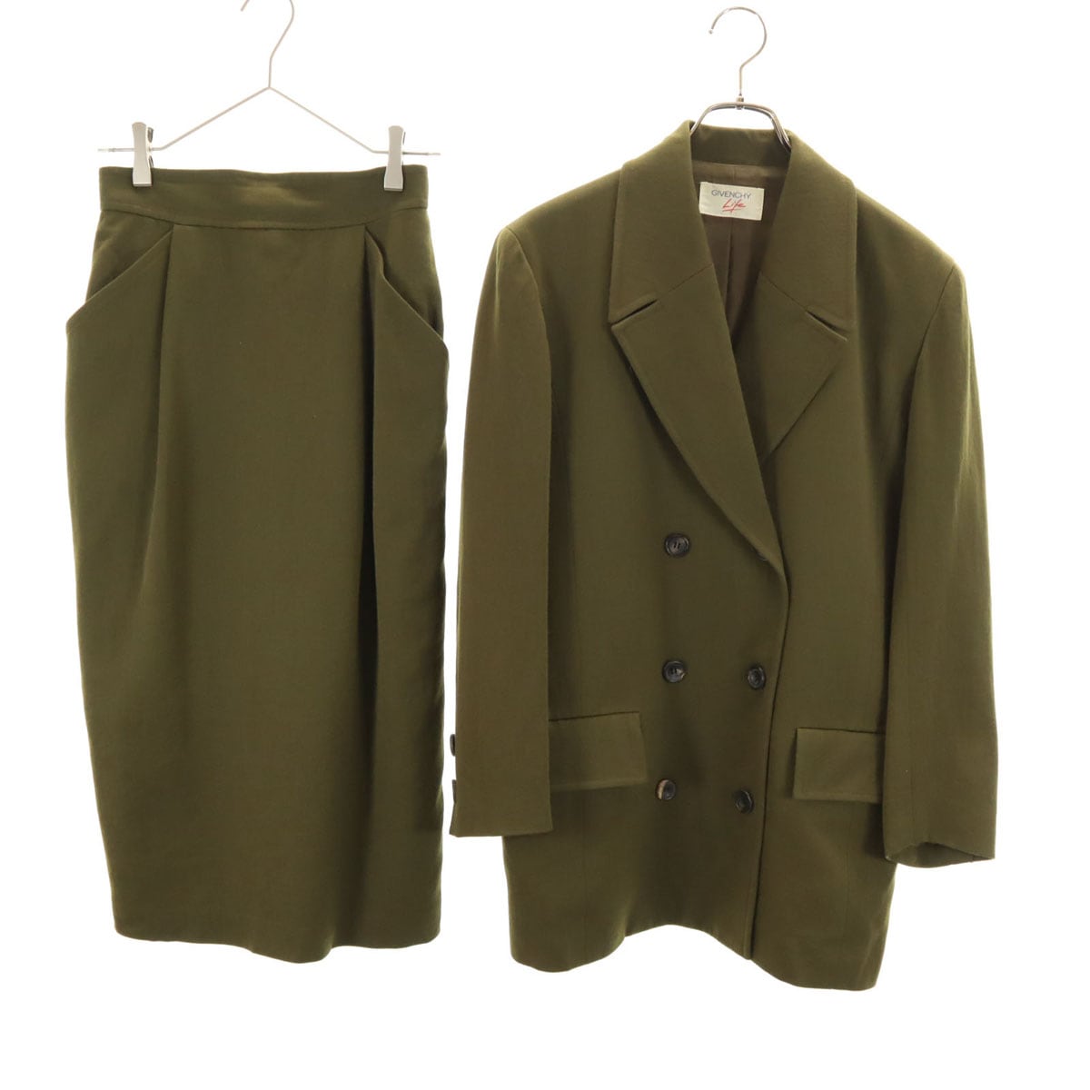 GIVENCHY Life ジバンシィライフ 90s ウール100％ オールド スカートスーツ 上下セットアップ 11号 オリーブ レディース 古着