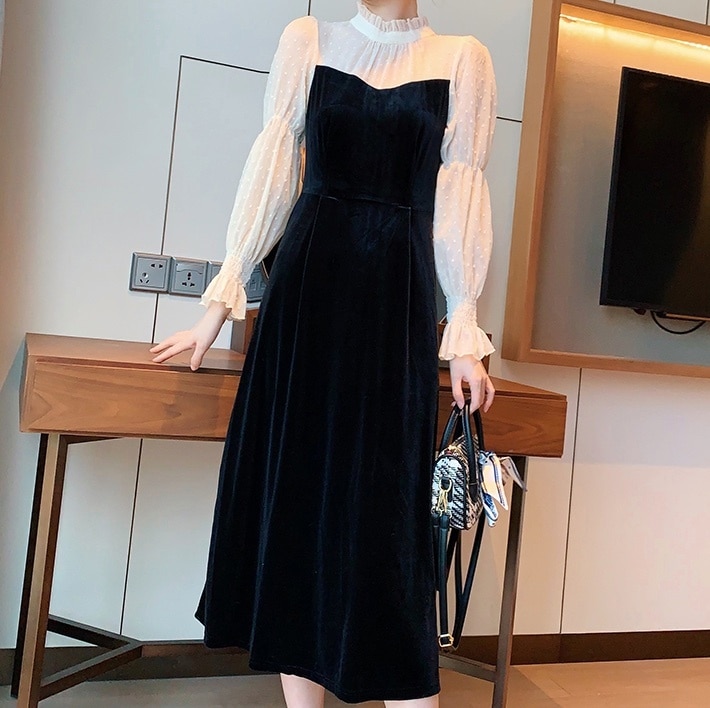 ワンピース フレアワンピース ミモレ ミモレ丈 袖あり 長袖 パフスリーブ スタンドカラー フレア セミフレア レース 刺繍 シフォン 切り替えデザイン ドッキング 透け感 シースルー ベロア