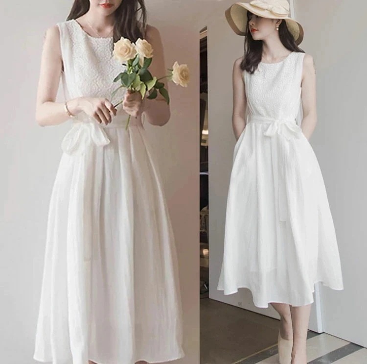 真っ白ワンピース　レースワンピ　マキンワンピース　ノースリーブ　シフォンワンピース　腰のリボンが長い　レディース　夏 ドレス　パーティードレス フォーマル ワンピース 細身 ミモレ丈　ウエディング