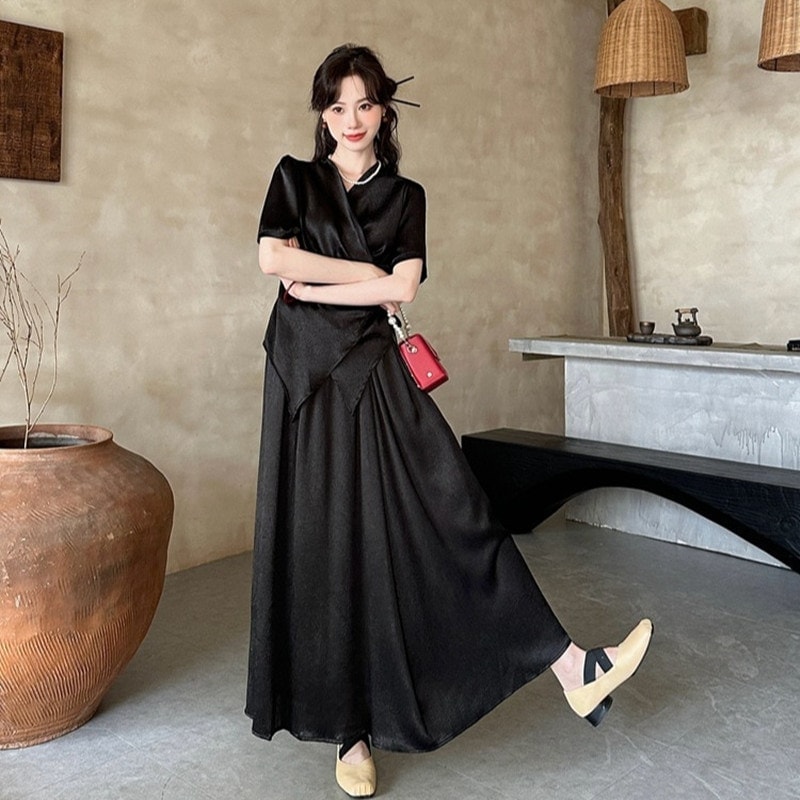 【妃】 上下セット ストラップブラウス+スカート ワンピースセット シワデザイン Aライン レディース セットアップ30%までに制限