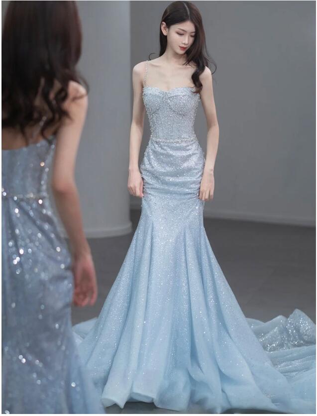 2026年新製品 マーメイドドレス ブルー ノースリーブ キャミドレス ロングドレス 発表会ドレス 結婚式ドレス 二次会ドレス パンコール キラキラドレス フォーマル 演奏会用 結婚式 お呼ばれドレ