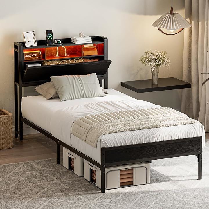 ベッドフレーム 収納宮棚付き パイプベッド コンセント付き シングルベッド スチールベッド LEDライト付き 2段階高さ調整 頑丈 カビ防止 安定性 耐久性 (ブラック, シングル)