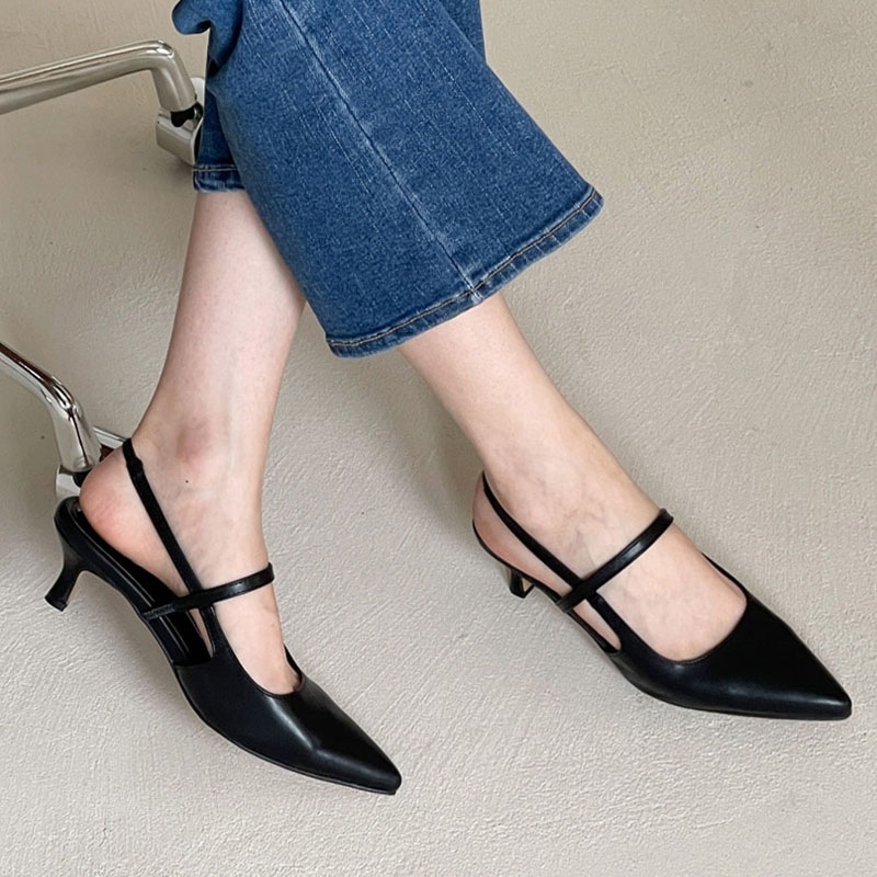 3color シンプル, フェミニンな雰囲気の 甲ストラップ付き 6cmヒール．ミドルヒール バックストラップ付き ポインテッドトゥ 無地．メタリック スリングバックパンプス