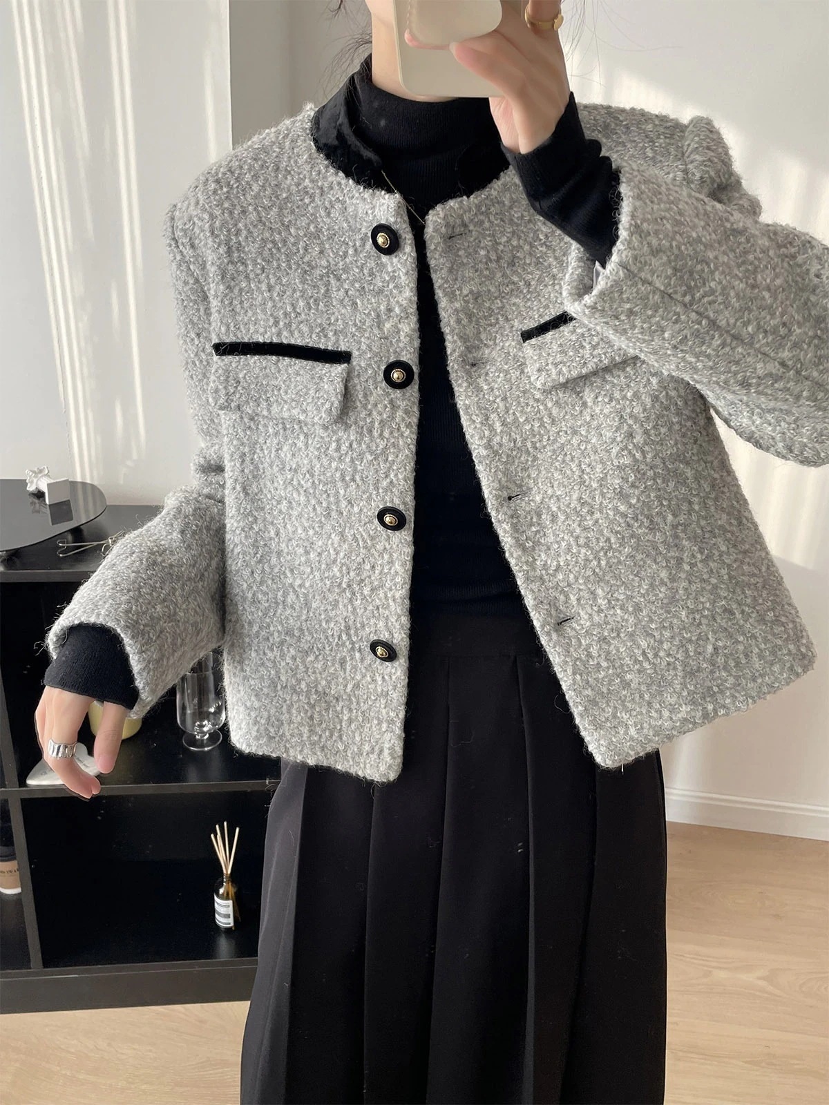 ウールベルベットステッチラウンドネックジャケット秋新作フェイクポケット長袖トップス