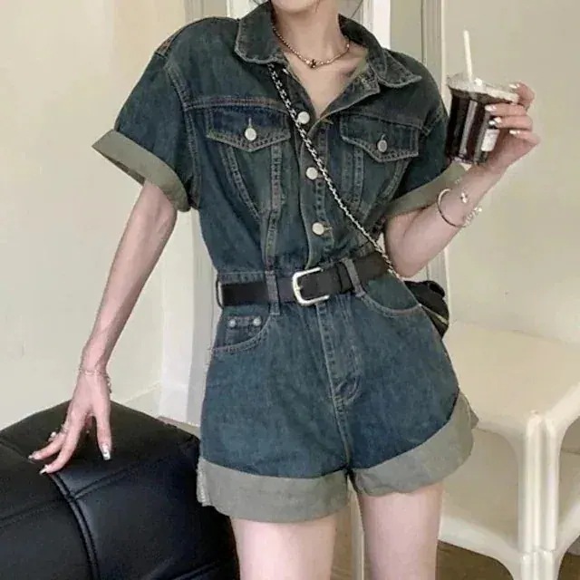 24オーバーオール パンツ ショート丈 デニム ジーンズ ボタン 襟 スタンドカラー 半袖 つなぎ ゆったり 細見え