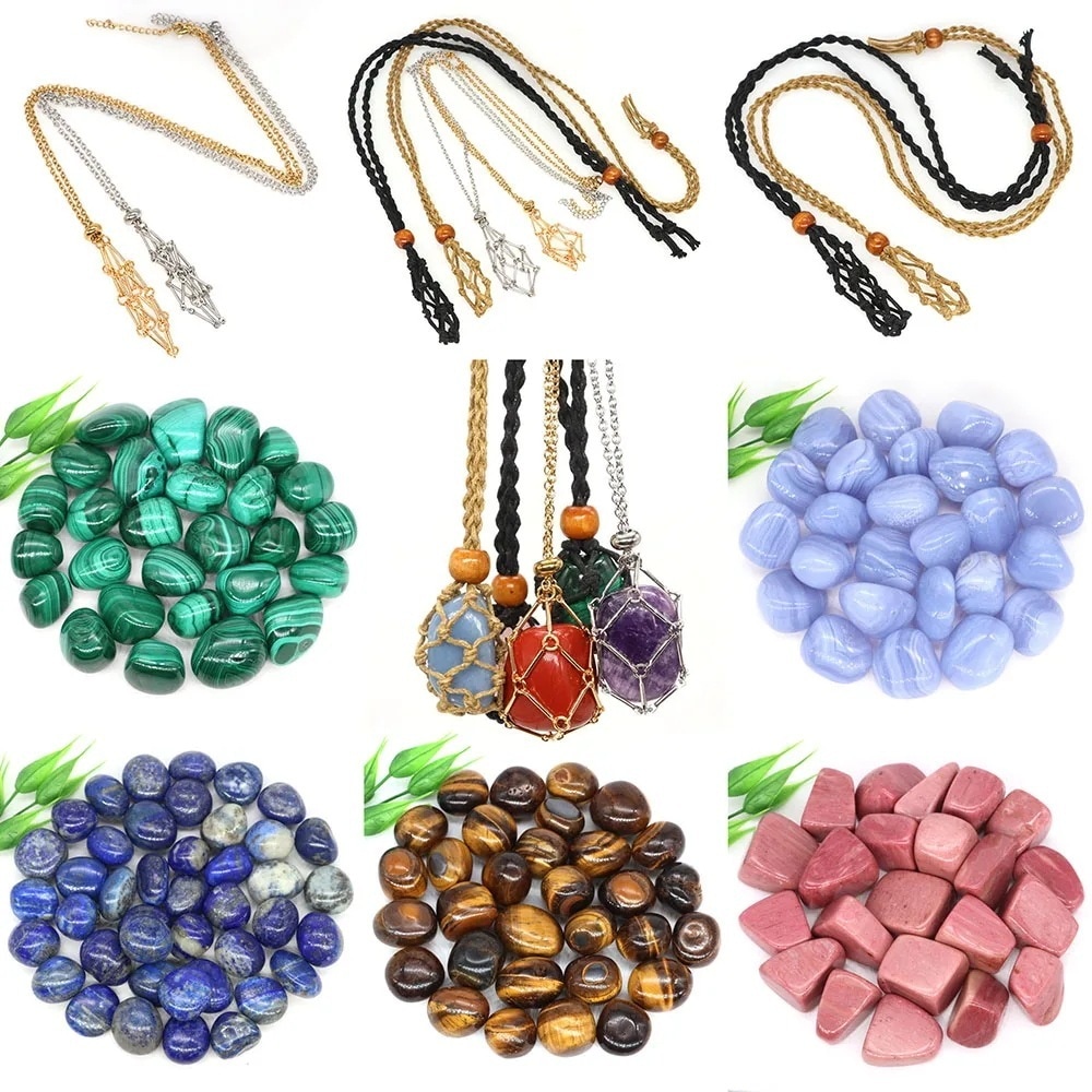 空の調節可能なストーンホルダーワックスロープ銅ケージネックレス天然クリスタルストーンタンブルバルクミネラル標本水族館の装飾