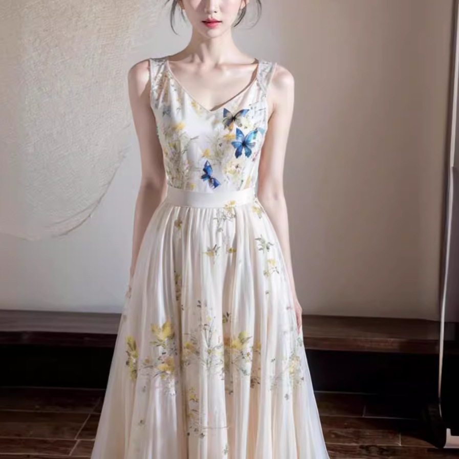 今年の人気の美しい白い白い蝶のフローラルドレス夏の新しいスタイルの新しいスタイルの中国語スタイルの袖なしサスペンダースカート