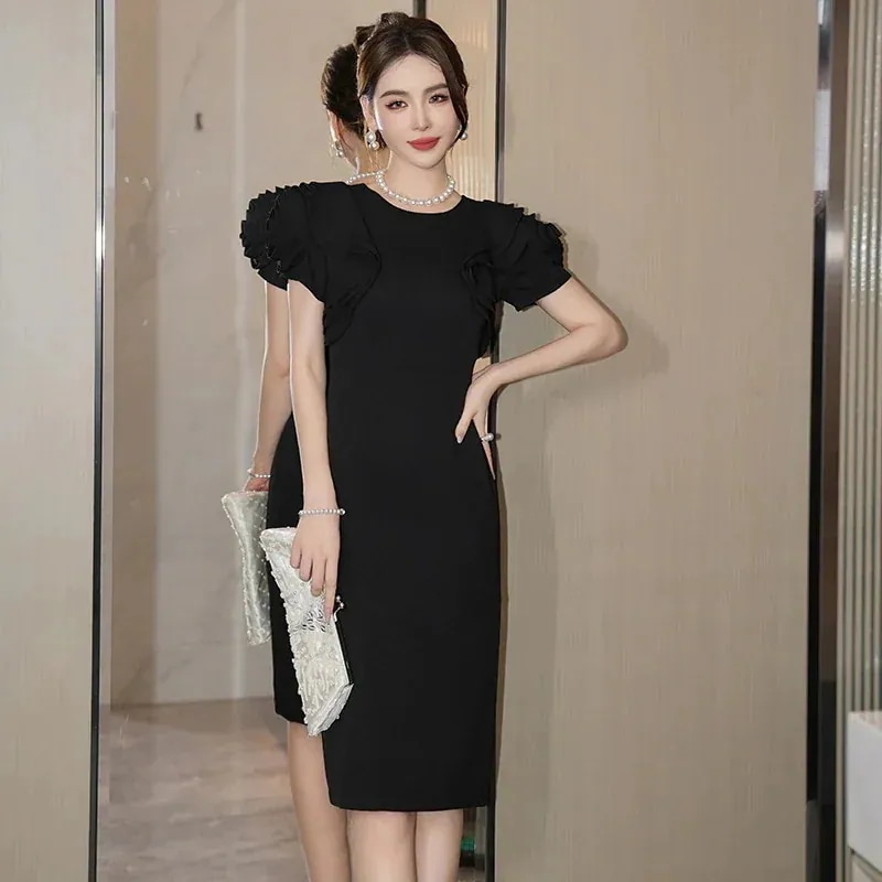 2024夏新品 フリル ショートワンピース ドレス 着痩せ パーティー キャバ 大人 同窓会 披露宴 卒業式 結婚式 演奏会 ウェディング 二次会