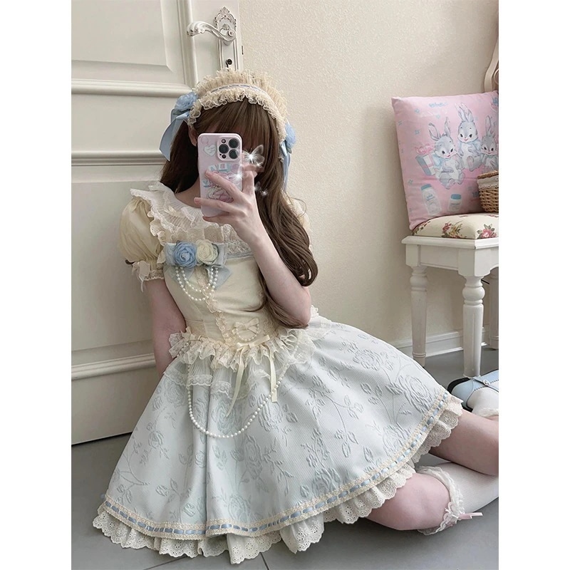 sweet Jsk とてもエレガントで優しいジャガードロリータドレス女の子ショートアプリコットブループリンセスドレス