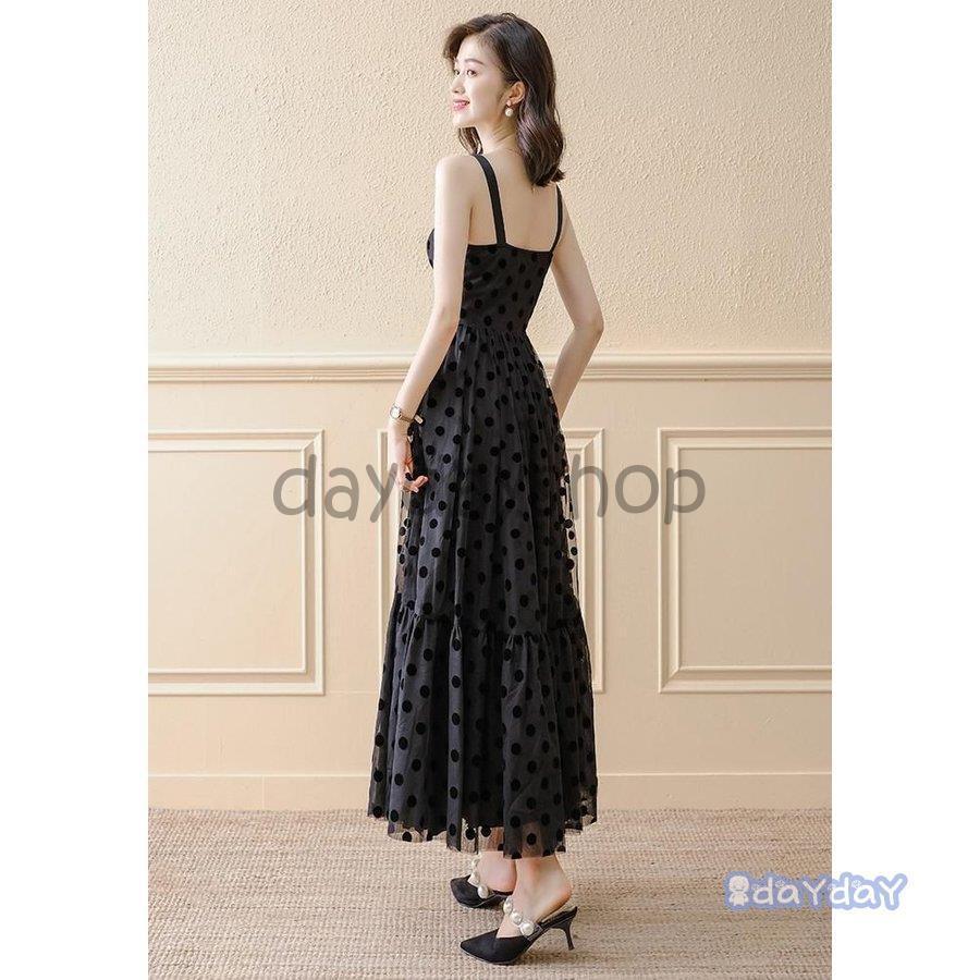 ワンピース キャミソール ドット柄 裾フリル ギャザー ウエストシェイプ ロングワンピース クラシカル 着やせ ティアードスカート 女子旅 10,565円