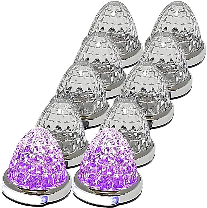 カスタマイズ 12V 24V トラック用 LED マーカーランプ 路肩灯機能付 サイド メッキリング 5面クリスタルカット仕様 22LED 汎用(パープル, 10個)