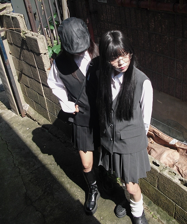 一日 ベスト プリーツ スカート ツーピース セット アップ セット (2color)