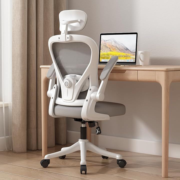 オフィスチェア メッシュ デスクチェア ヘッドレスト上下調節 腰サポート多段調節 9cm厚クッション 90回転アームレスト 30ロッキング 静音キャスター 椅子 (グレー, 大型)