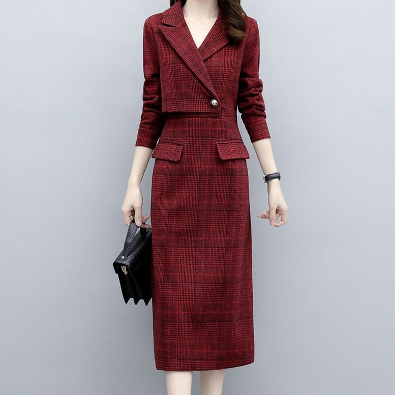 ワンピース レディース グレンチェックスーツワンピース チェック柄 ミディアム ドレス Vネック