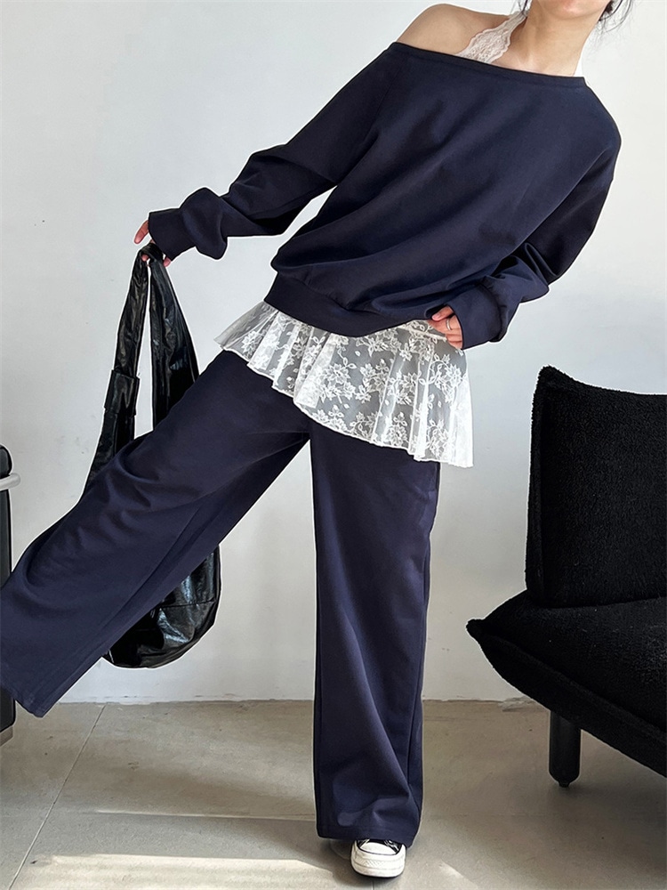 激安セール 2025春 オフショルダーパーカー3点セット レースハイネック+ゆったりトップス+ロングパンツ カジュアル春コーデ 大人女子向け