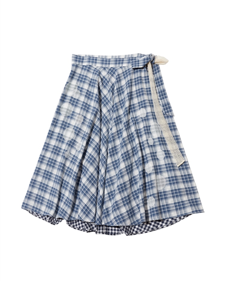 【THE MUSEUM VISITOR】 CHECK BUBBLE WRAP SKIRT : NAVY