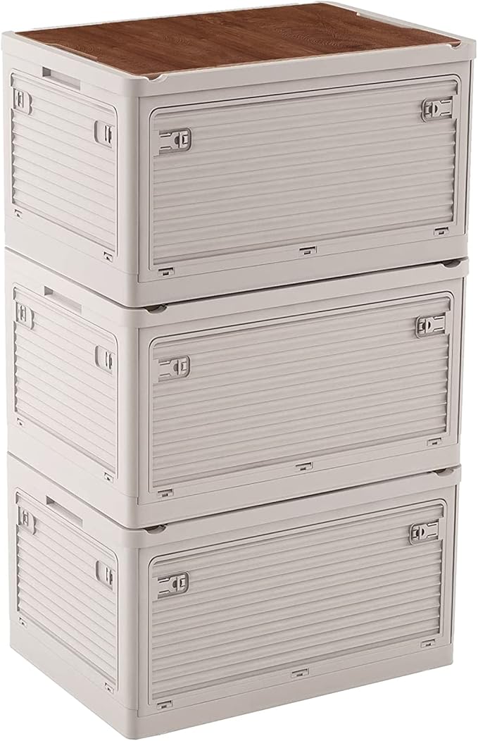 収納ボックス 折り畳み】コンテナ ボックス 大型 キャンプ 3個セット 木製の蓋付き 全方向から取り出せる 積み重ね キャスター付き アウトドア 折りたたみ 収納ケース 組立簡単 厚み 強い耐荷重 大