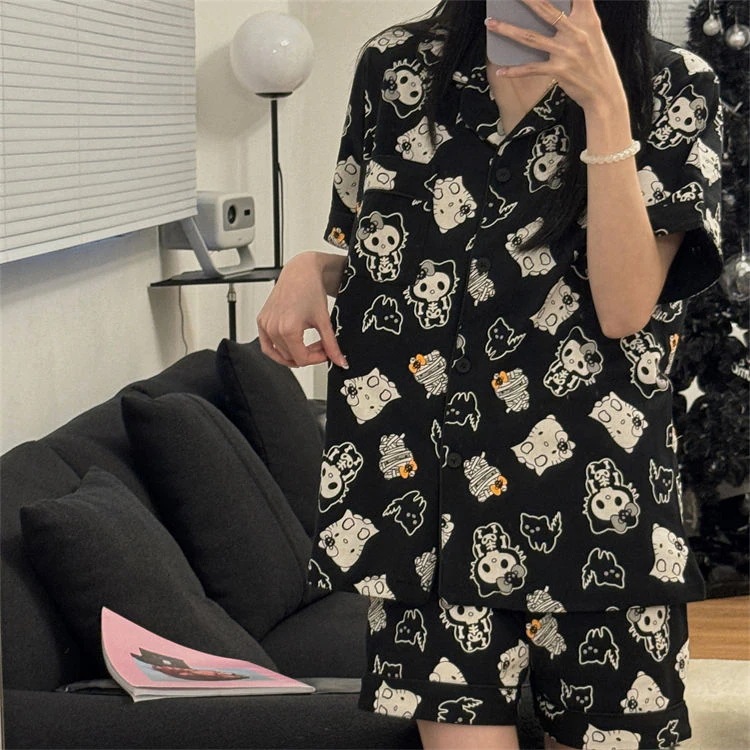 （一部1～3日出荷）純綿黒ハローキティキティパジャマ女性夏半袖半ズボン家服セット外着