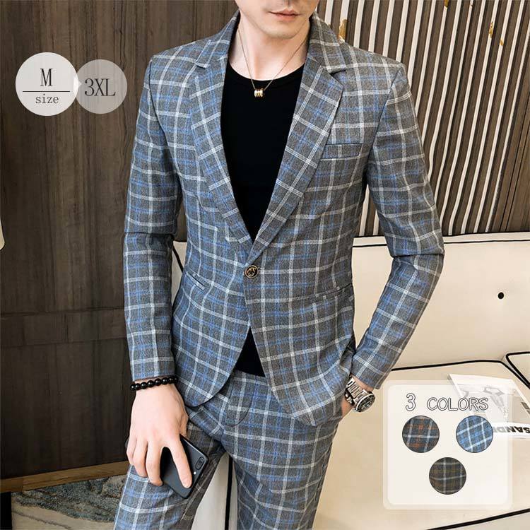 入学式チェック柄メンズ2ピーススーツメンズカジュアルスーツジャlケットテーラードジャケット2点セットアウタースリムメンズ2ピーススーツメンズカジュアルスーツジャケットスーツ